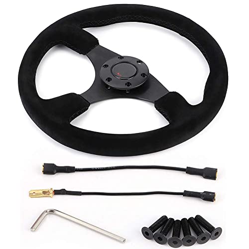 Steering Wheel, 14in/350mm for Style 6-Bolt Black Suede Racing Steering Wheel Black Stitching with Horn B for Racing Steering Wheel Suede Steering Wheel 350mm