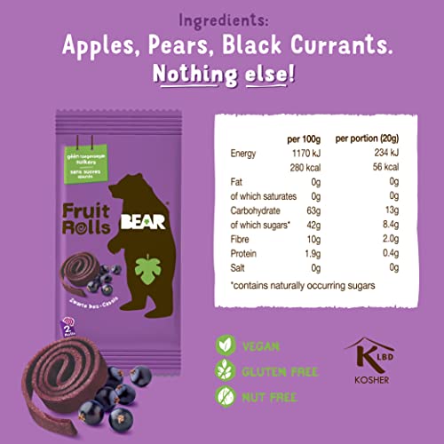 BEAR Fruit Rolls Blackcurrant, 100% Natural Ingredients, No added sugar, Healthy School And Lunch Snacks For Kids And Adults, 5 x 20g