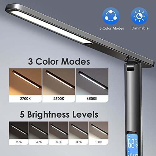 Mubarek Desk Lamps For Home Office, 24W Led Desk Lamp With Usb Charging Port, Adjustable Dimmable Table Lamp With Clock/Date/Temperature, Office Lamp For Desk Light,Study Lamp,Reading Lamp,Night Lamp #TOP2