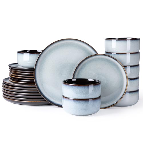 Image of LERATIO Ceramic Dinnerware Sets for 8,Plates and Bowls Sets,Reactive Glaze Dishes Set,Highly Chip and Crack Resistant | Dishwasher & Microwave & Oven Safe Dishes set,Service for 8-Gray White(24pcs)