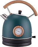 Hot Water Kettle Electric, 1500W Electric Tea Kettles Boiler with Thermometer, Stainless Steel Pour-Over Kettle Teapot 1.7L, Auto Shut-off & Boil-Dry Protection, Anti-scald Wood Pattern Handle, Green