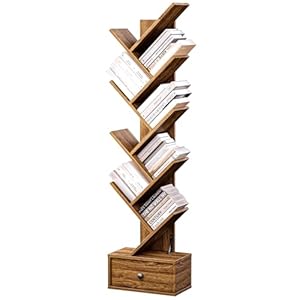 Pipishell Bookshelf with Drawer, 8-Tier Vertical Tree Bookshelf, Modern Bookcase, Modern Book Storage, Book Shelf Organizer for Living Room, Bedroom, Home Office, Rustic Brown, PIBS03WN