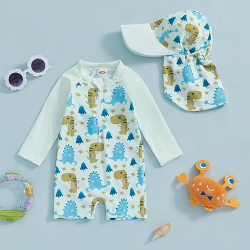 Toddler Baby Boy Swimsuit Long Sleeve Zipper One Piece Bathing Suit Rash Guard Sun Protection Swimwear with Hat2