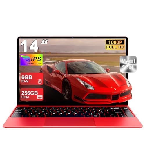 2025 Laptop 14 Zoll Win11 Pro Notebook 6+256GB SSD Unterstützung 1TB 1920x1080P Full Metal Celeron N4020 5G WiFi Mini HDMI & Kabellose Maus Tastaturfolie für Tastatur-Red