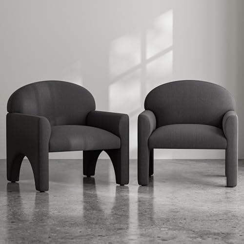 Image of BELLEZE Modern Accent Chair Set of 2, Comfortable Upholstered Arched Design Armchair with Rubber Wood Legs for Living Room Bedroom Office - Gray