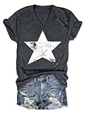 XMNDS Womens V Neck T-Shirts American Flag Star Graphic Tees Summer 4th of July Patriotic Printed Tops (Dark Gray11, Large)