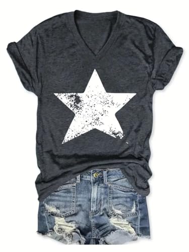 XMNDS Womens V Neck T-Shirts American Flag Star Graphic Tees Summer 4th of July Patriotic Printed Tops (Dark Gray11, Medium)