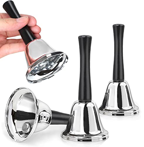 4 Pack Hand Bell Silver Steel Bell Ringing Bell with Handle Dinner Bells for Inside Classroom Bell for Food Line Alarm Jingles Ringing (Silver)