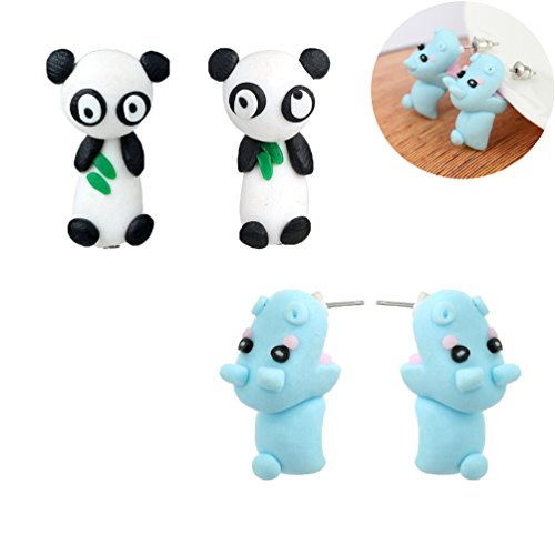IYSHOUGONG 2 Pair 3D Clay Earrings Fashion Kawaii Soft Pottery Hippo and Panda Earrings Fashion Simple Handmade Polymer Animal Stud Earrings for Girls Women