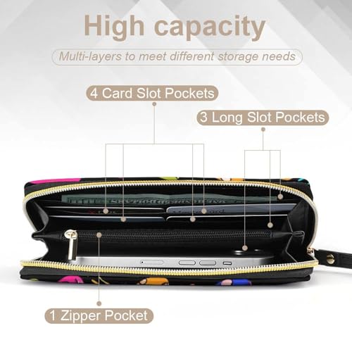 Travel Slim Wallet for Women, Large Capacity Credit Card Holder Neon Mushrooms Pattern Colorful Purse Pu Leather Waterproof Long Wallet4