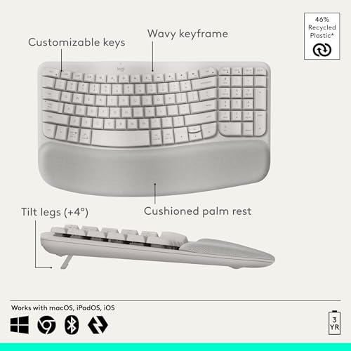 Image of Logitech Wave Keys Wireless Ergonomic Keyboard with Cushioned Palm Rest, Comfortable Natural Typing, Easy-Switch, Bluetooth, Logi Bolt Receiver, for Multi-OS, Windows /Mac - Sand