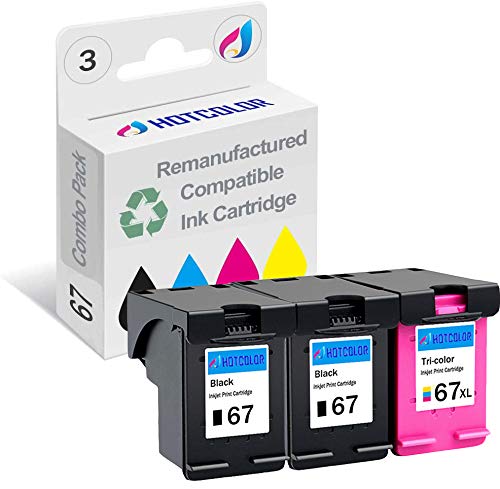HOTCOLOR Re-Manufactured Ink Cartridge Replacement for HP 67 67XL 3YM56AN 3YM58AN for Envy 6052 6055 6075 Deskjet 1255 2752 Envy Pro 6452 6455 6458 DeskJet Plus 4152 4155(2 Black/1 Tri-Color, 3Pack)