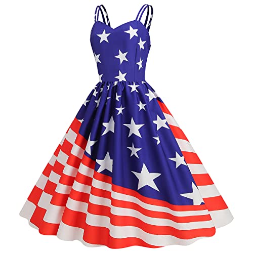 Image of OBEEII Womens 4th of July Dress Retro Spaghetti Strap American Flag Midi Dress Summer Cocktail A-line Swing Dress