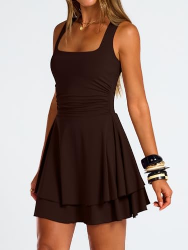 Image of Trendy Queen Women's Square Neck Summer Party Flowy Ruffle Hem Ruched Waist Mini Dress