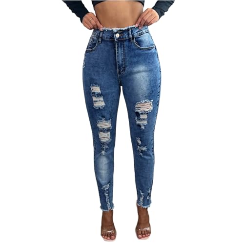 fanmpghleoo Ripped Jeans Womens High Waisted Frayed Hem Skinny Jeans Trendy Jeggings with Pockets Denim Jogger Cowgirl Pants