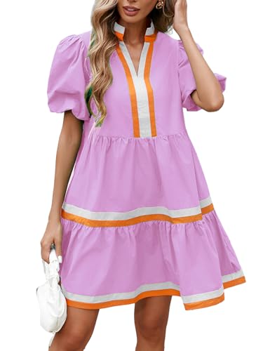 Image of LifeShe Womens Puff Sleeve Babydoll Dress V Neck Navy Blue Striped Color Block Tiered Mini Dresses