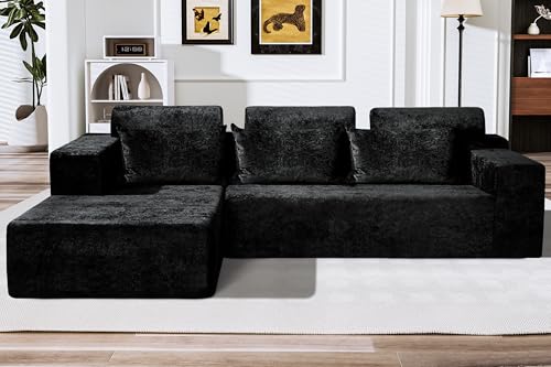Image of HABUTWAY 105 inch L-Shape Modular Sectional Sofa Couch for Living Room,No Assembly Required,Modular Comfy Sofa with Deep Seat for Living Room Bedroom,Luxury Distressed Velvet(Left,Black)
