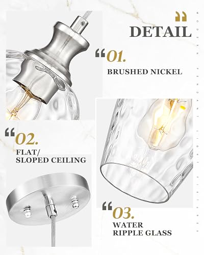 Image of Brushed Nickel Pendant Light Kitchen Island, Hammered Clear Glass | 1-Pack, Hanging Lights Fixtures with Hand-Blown Glass Shade, Farmhouse Kitchen Island Lighting Over Sink, AD-24027-1P-SN