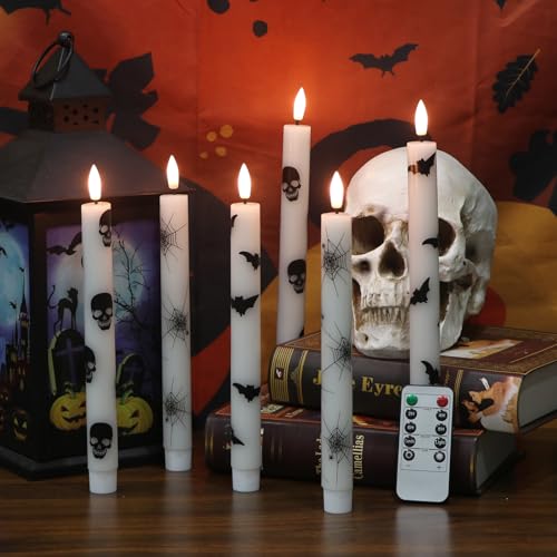 Image of Halloween Flameless Taper Candles with Remote Timer, 6 Pack LED Flickering Candlestick, Battery Operated Real Wax Candles with Bat, Skull and Spider Web Prints for Halloween Decorations