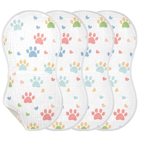 Colored Paw Print Muslin Burp Cloths 22x11 Inch - 4-Layer Organic Cotton & TPU Waterproof Lining, Absorbent Baby Bibs for Boys/Girls with Hanging Loop3