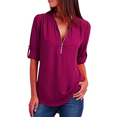FORUU Blouses for Womens, Ladies 2020 Summer Fashion Zipper V Neck Sexy Roll Up Long Sleeve Casual Solid Chiffon Loose Tops Tees Best Gift for Mother Wife Daughter Girlfriend