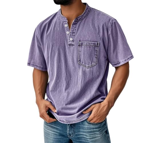 Mokaloha Mens Shirts, Men's Retro Stand Collar Casual Pocket Solid Color Short Sleeve Henley Shirt2