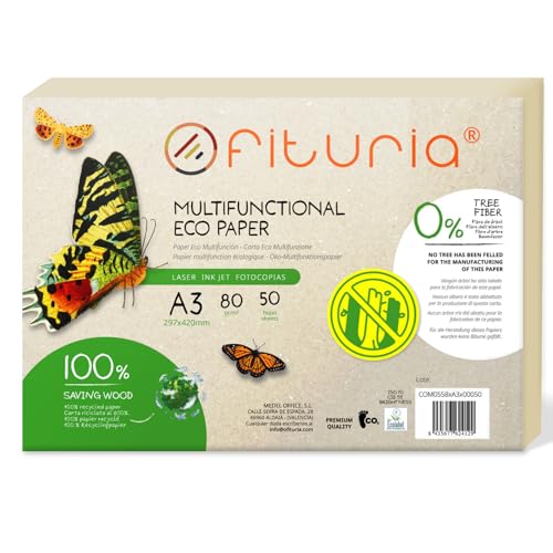 Papel Reciclado A3 de 80gr, 50 Folios 100% Fabricado con Papel Reciclado, Paquete de Papel Reciclado de Hojas DIN A3, Color Natural Apto para Impresora Laser e Inkjet - Ofituria (50 hojas)