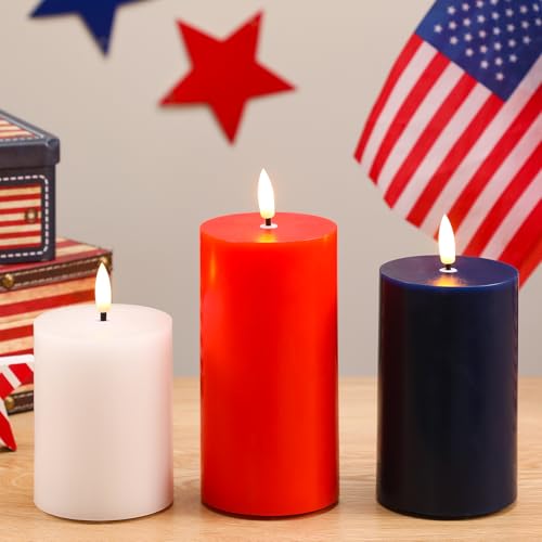 Image of Hiboom 3 Pcs 4th of July Flameless Candles Patriotic Red White and Blue LED Flameless Pillar Candles Real Wax Multicolor Fake Battery Operated Wedding Decor, H 3.94 inch 4.92 inch 5.91 inch x D 2.95 inch