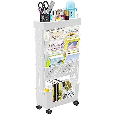 YFXCVSL 5 Tier Book Rack Storage Bookshelf, Mobile Bookshelf with Wheels, Movable Unique Bookcase Small Rolling Bookshelf, Mobile Book Cart Organizer Bookshelves for Office, Dorm, Classroom, White Cover
