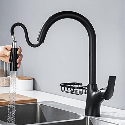 Kitchen Sink Faucet for Bar Farmhouse Commercial, Black/Golden Pull Out Kitchen Faucets with Storage Basket, Hot Cold Water Stream Sprayer Spout Tap Mixer for Kitchen (Color : B-Black)