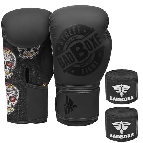 Badboxe Boxing Gloves, MMA Gloves Best for Daily Workout Hide Leather (Black Palm Skull, 14oz)