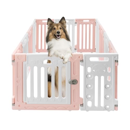 Dog Playpen with Door and Function Panel, 13 Pane l Indoor Outdoor Pet Fence, 25.6in Height |Puppy Playpen, Configurable Panels, Bone Patterns | Safe for Small to Medium Pets (Pink and White)