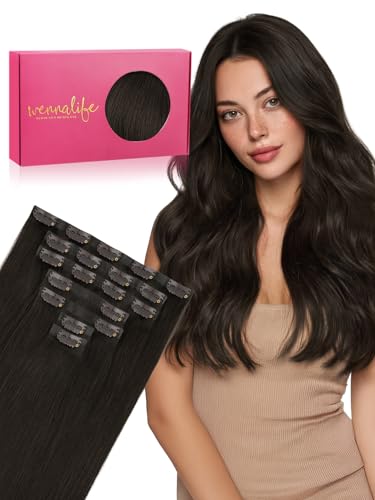 WENNALIFE Seamless Clip in Hair Extensions Real Human Hair, 18 Inch 110g Dark Brown Invisible PU Skin Weft, Natural Thick Real Hair Clip Ins for Women, Soft Blendable &amp; Reusable Remy Hair