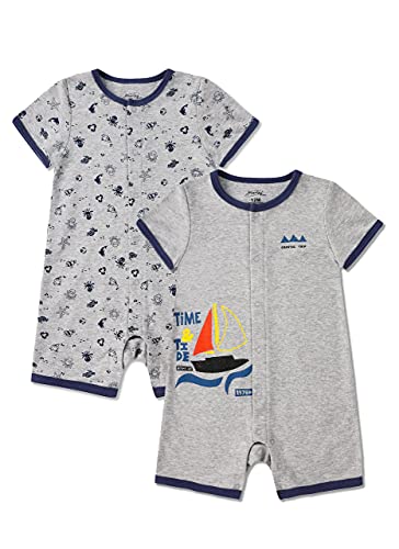 froerley Baby Boy Rompers 6-9 Months Short Sleeve Baby Boy Outfits Baby Boy Summer Onesies Snap Closure Boys Jumpsuits Pack of 2,Grey and Bule
