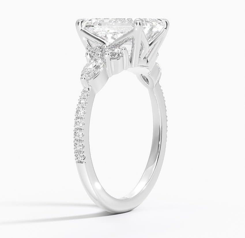 Miniatura 2 de IGI 2.56 Carat White Emerald Excellent Cut Four Claw Prongs Lab Created Diamond Engagement Ring With Side Marquise and Round Lab Diamonds In 14k