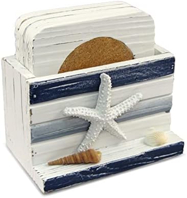 COTA Global Blue Stripes Nautical Wooden Coaster Set - Table Top Centerpiece Coastal Decor for Kitchen, Home, Beach House, Rustic Decorative 4 Coasters Set with Holder - Handmade Color May Vary