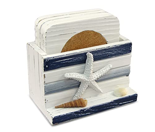 Puzzled White and Blue Stripes Wooden Nautical Coasters - Tabletop Wooden Coastal Decor for Home, Kitchen, Bar, Beach Themed Gifts Square Coasters Set of 4, Handmade Drink Coasters with Holder