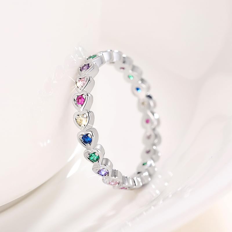 925 Sterling Silver Rainbow Heart Ring, 14K White Gold Plated Colorful Heart Ring, Multi-Color Cut CZ Eternal Ring, Hypoallergenic Fashionable Promise Ring, Valentine's Day Gift3