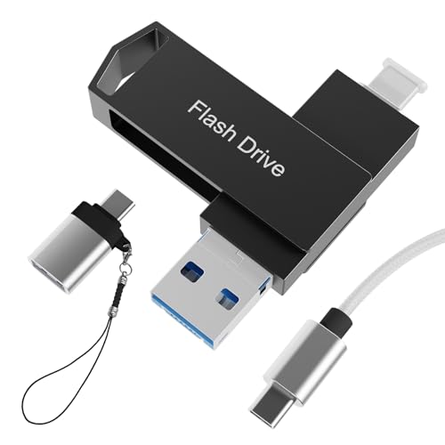 512GB iPhone対応 USBメモリ 【アプリ不要・アルバムからデータ保存】4in1 USBメモリ 写真保存 大容量 外付けメモリ 高速 データバックアップ フラッシュメモリ iOS/USB/Micro USB/Type-C 外付けストレージ 回転式 スマホ容量不足解消 USB-C ケーブル ストラップ付 iPad/PC/Macbook/iPhone対応 黒