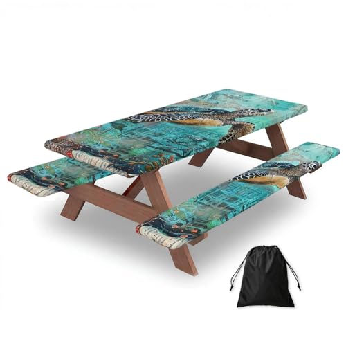 Juego de 3 fundas de mesa de camping con protectores de banco, diseño de estrella de mar y coral con diseño de tortuga oceánica, elástica, impermeable, rectangular, con bolsa de almacenamiento