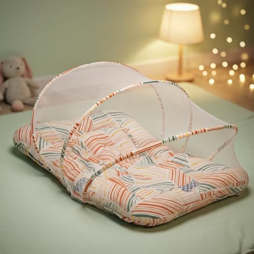 Image of BAYBEE Baby Bedding Set for New Born, Bed Mattress with Mosquito Net & Cotton Pillow, Portable Sleeping Nest Travel Bed, Newborn Essentials Gift for Baby Boys & Girls (Orange)