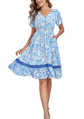 Image of Women's Floral Dress with Ladder Lace Trim Midi Summer Casual Elegance Dress