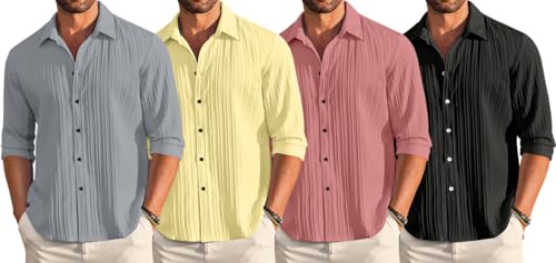 Image of FINIVO FASHION Combo of Men's Casual Cotton Plain Button Down Shirt Long Sleeve Textured Summer Beach Shirt for Men Pack of 4
