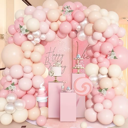 Image of Ouddy Life 157 Pcs Pink Balloons Arch Garland Kit, Light Pastle Pink Ivory Pearl Sand White Nude Balloons Different Size for Wedding Birthday Bridal Shower Gender Reveal Mothers Day Decorations