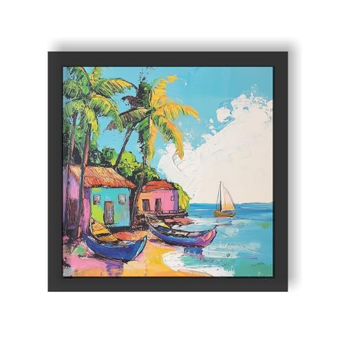 Paper Pajama Company Vibrant Seaside Village Wall Art Framed Tropical Beach Town Painting for Home Mediterranean Coastal Decor 10.5 x 10.5 Inch by Nav Nitika