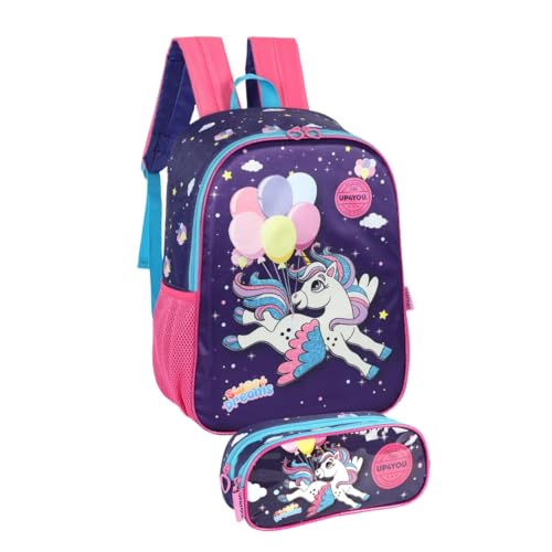Kit Mochila Escolar Infantil Menina de Costas e Estojo Unicórnio Passeio Lazer Grande 16 Litros (Rosa)