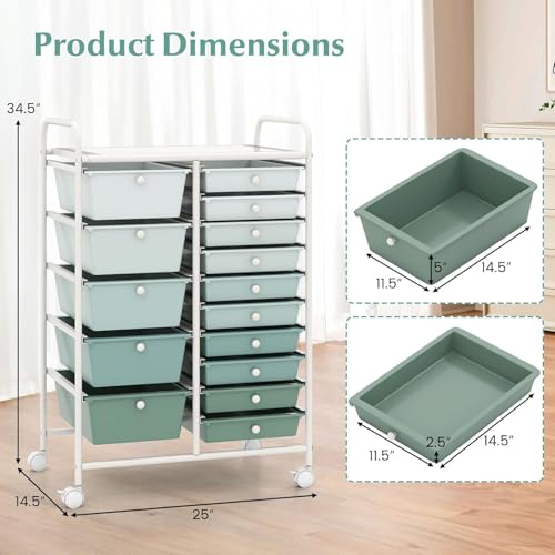 Image of LDAILY 15 Drawer Rolling Storage Cart, Rolling Cart with Drawers for Classroom, Art Supply Craft Organizer on Wheel with Metal Frame & Handles for Home Office School (Gradient Green, 15 Drawer)