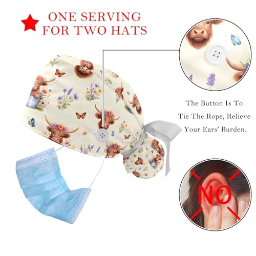 Image of 2 PCS Bouffant Cap with Button Ponytail Pouch Working Cap Sweatband Adjustable Surgical Cap Black and White Cow