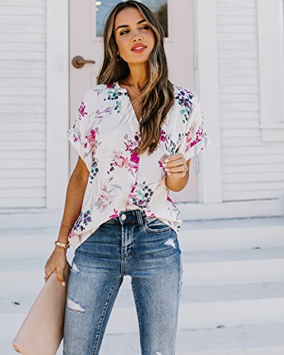 ANCAPELION Women’s Summer Chiffon Blouse Casual Short Sleeve V Neck Shirt Loose Printed Cuffed Sleeve Tunic Tops for Women4