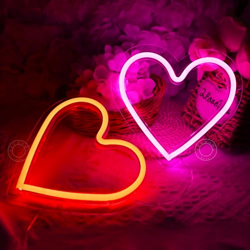 Image of SYLHOME 2 Pack Heart Led Neon Light Sign Battery Operated or USB Powered Bedroom Wedding Wall Sign Decor Valentines Day Christmas Birthday Gifts USB 7.87 inch X 7.28 inch Pink & Red